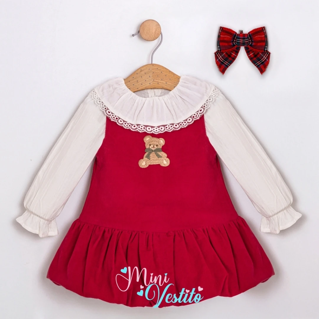 Sally Ayıcık Desenli İçi Gömlekli Tokalı Elbise