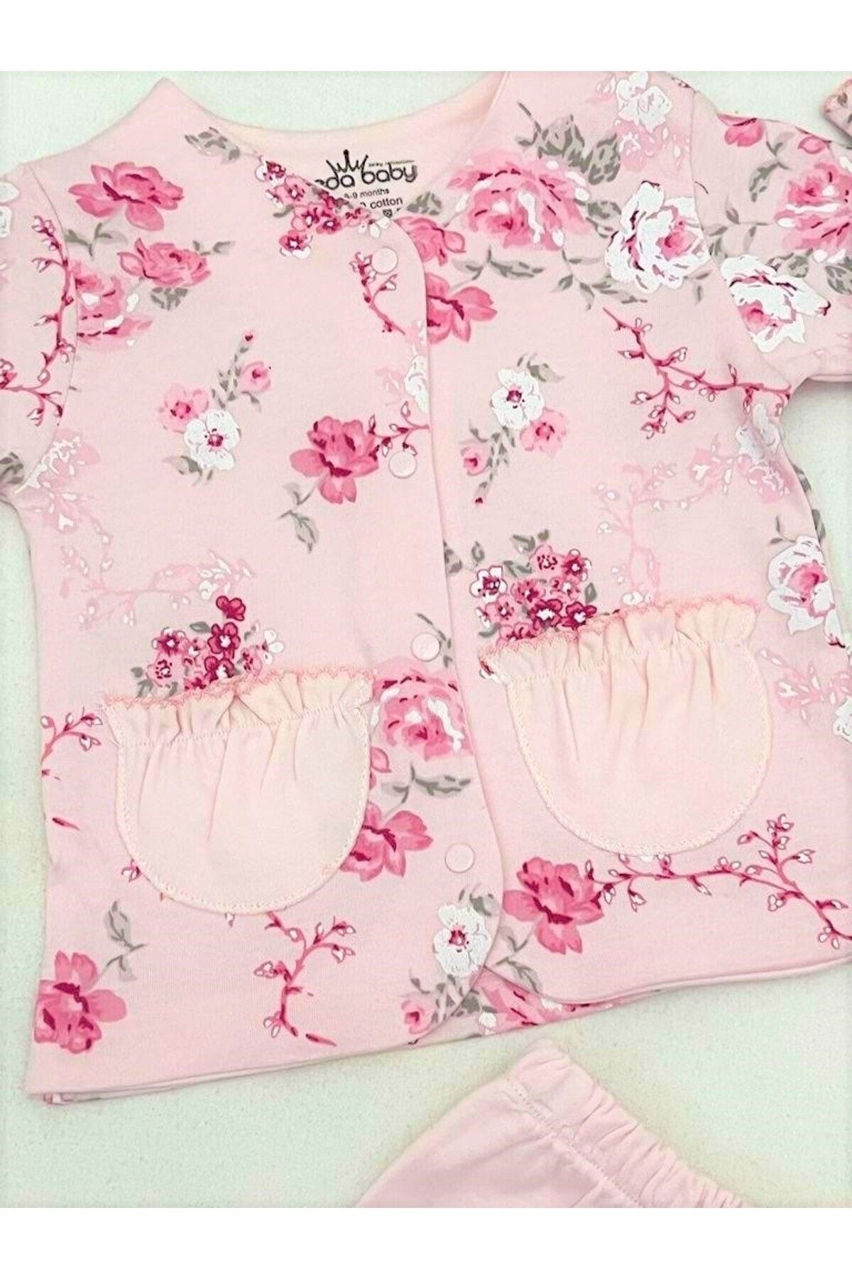 Rose Desenli Penye Cepli 4 Parça Hastane Çıkışı Pembe