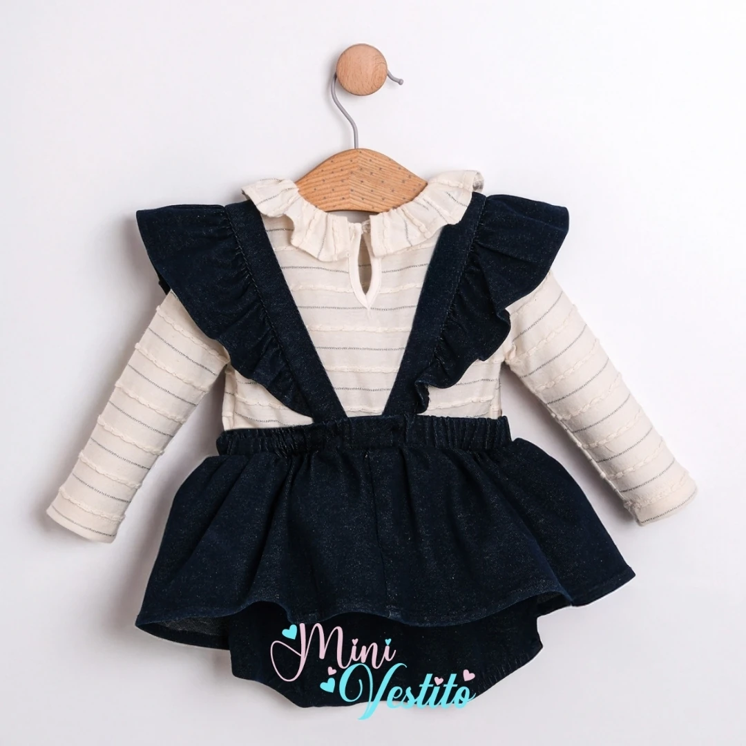 Taşlı Fiyonk Desenli Denim Romper