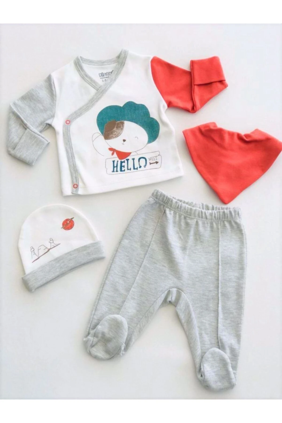 Bebek Gizli Eldivenli Fularlı Şapkalı Kovboy 4 Parça Set Gri