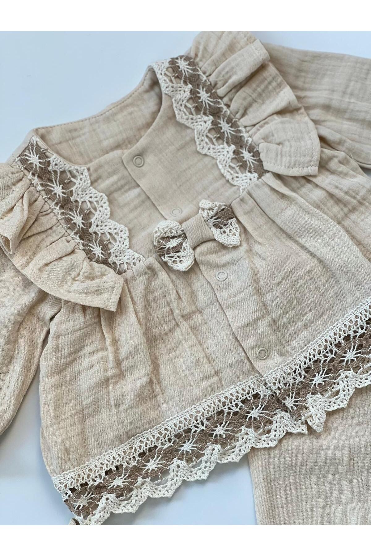Mia Dantelli % 100 Pamuk Organik Muslin 3 Parça Uzun Kollu Hastane Çıkışı