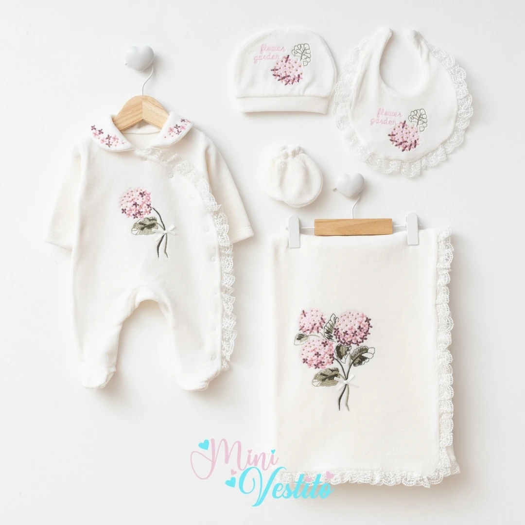 Fırfırella Lora Şapkalı Battaniyeli % 100 Pamuk Kadife 5 Li Set - Ortanca Beyaz