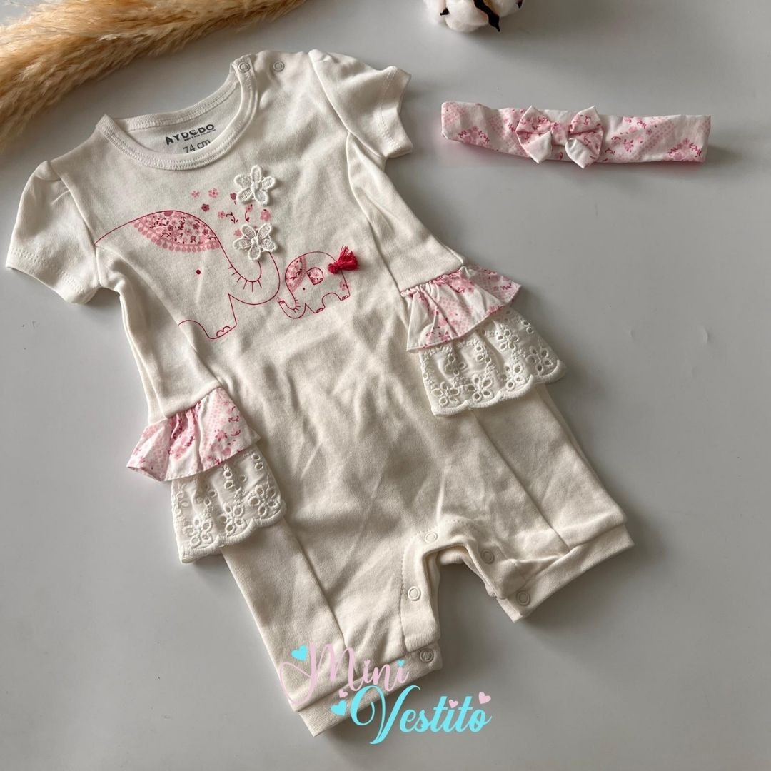Minik Fil Desenli Fistolu Bandanalı Çıtçıtlı Tulum