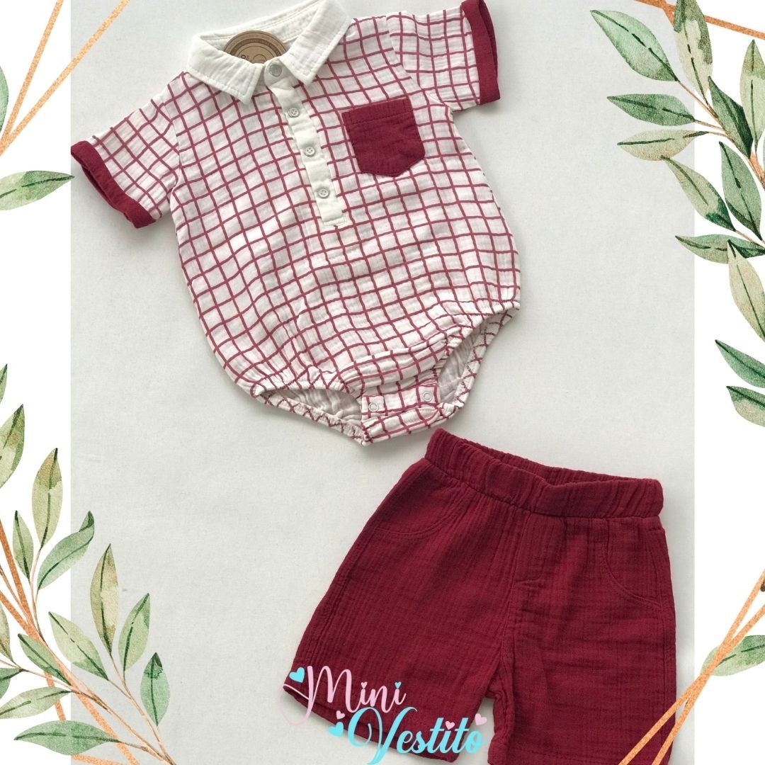 Bebek Bordo Kısa Kollu Yakalı Çıtçıtlı Takım - Baby Boss Organic Muslin