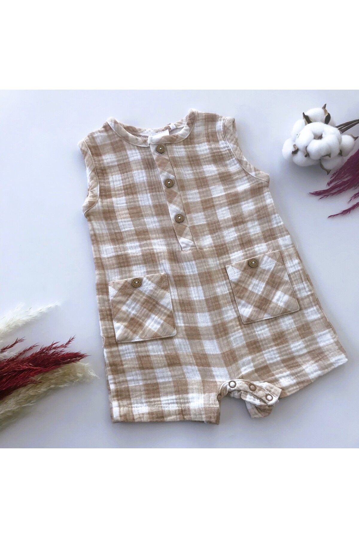 Chester % 100 Organik Muslin Ekose Kare Desenli Barbatoz Tulum