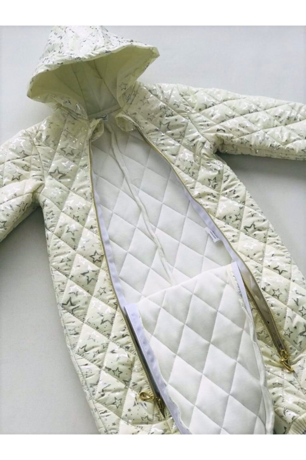Unisex Bebek Ekru Altın Varaklı Çift Fermuarlı Kozmonot