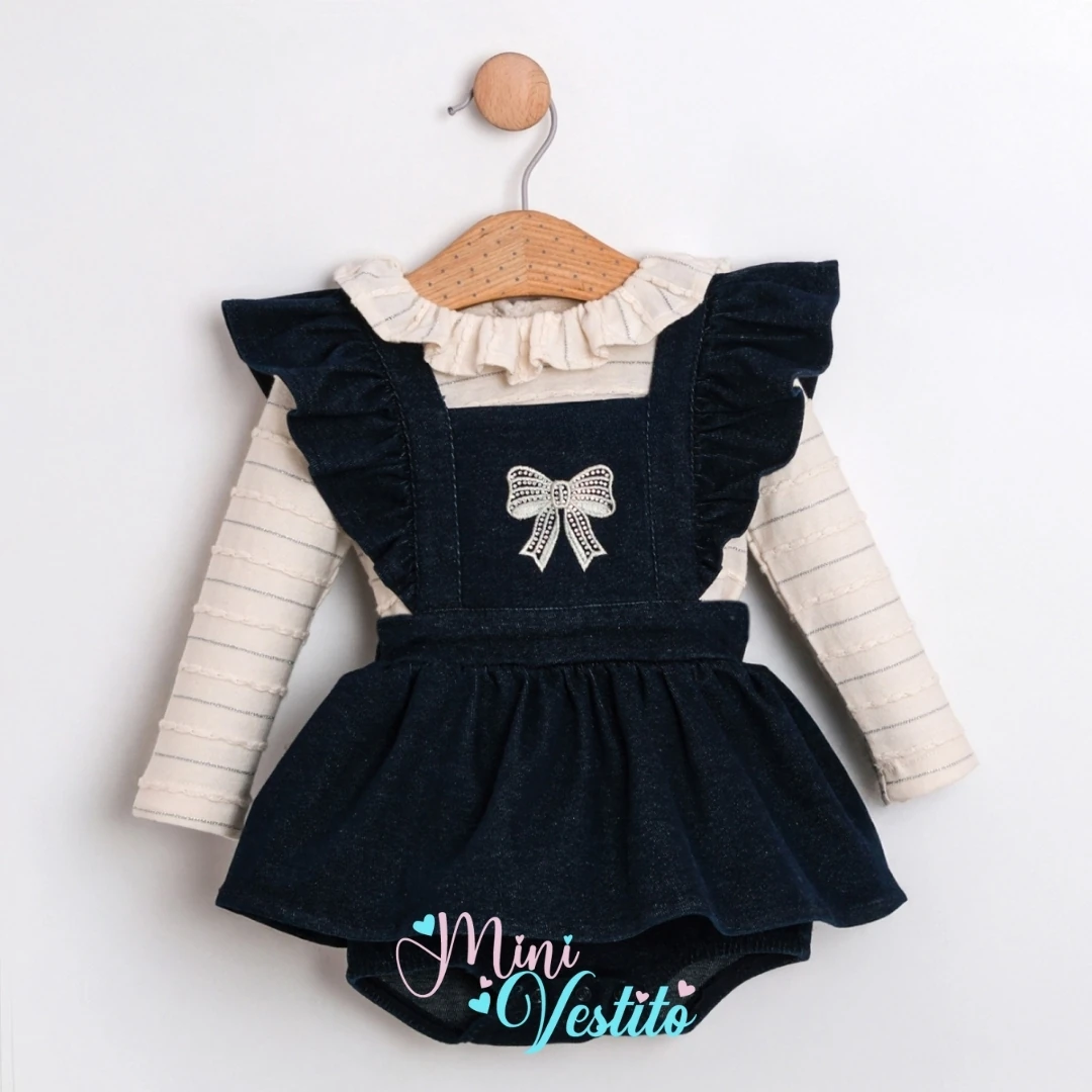 Taşlı Fiyonk Desenli Denim Romper