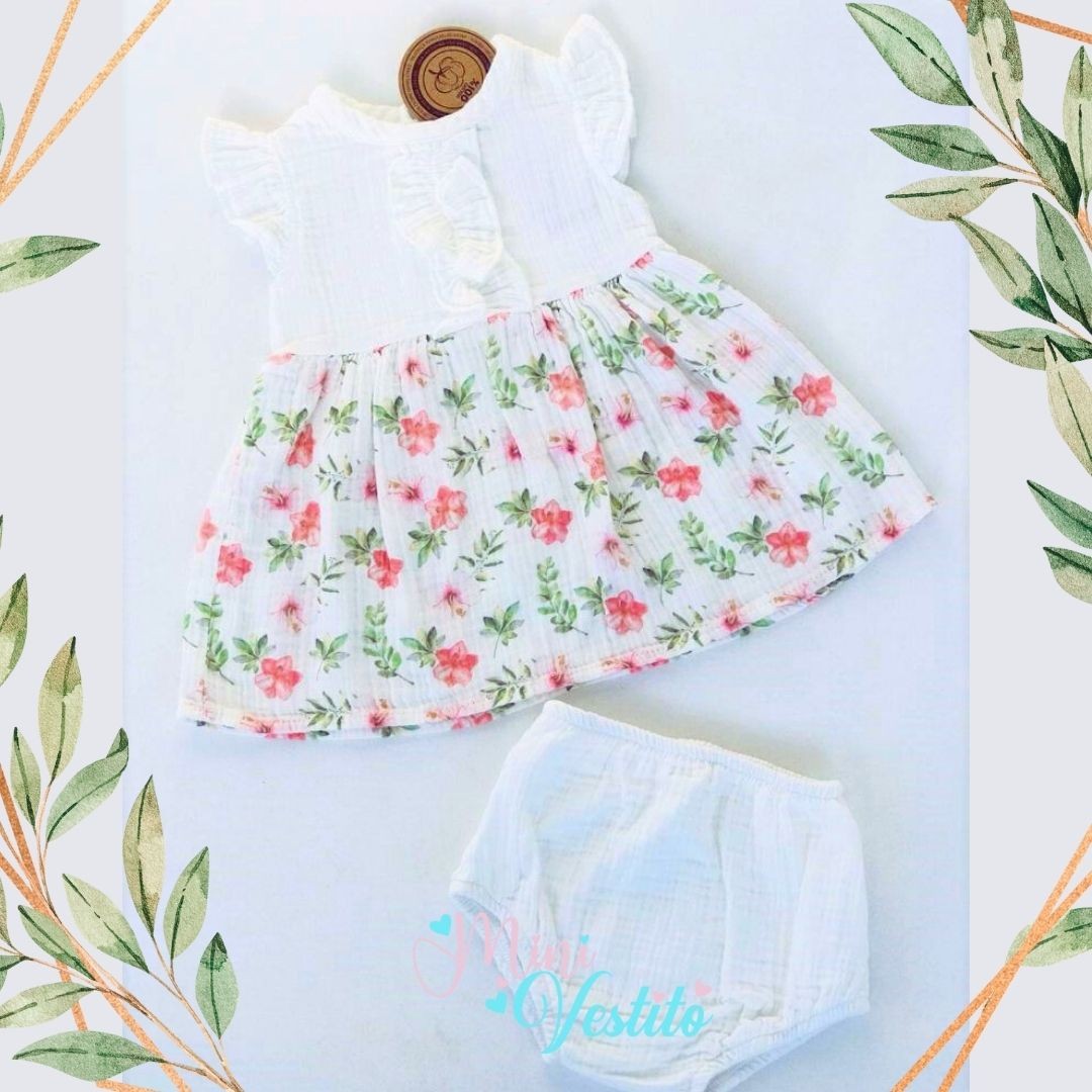 Organic Muslin Çiçek Desenli Fırfır Detaylı Külotlu Elbise