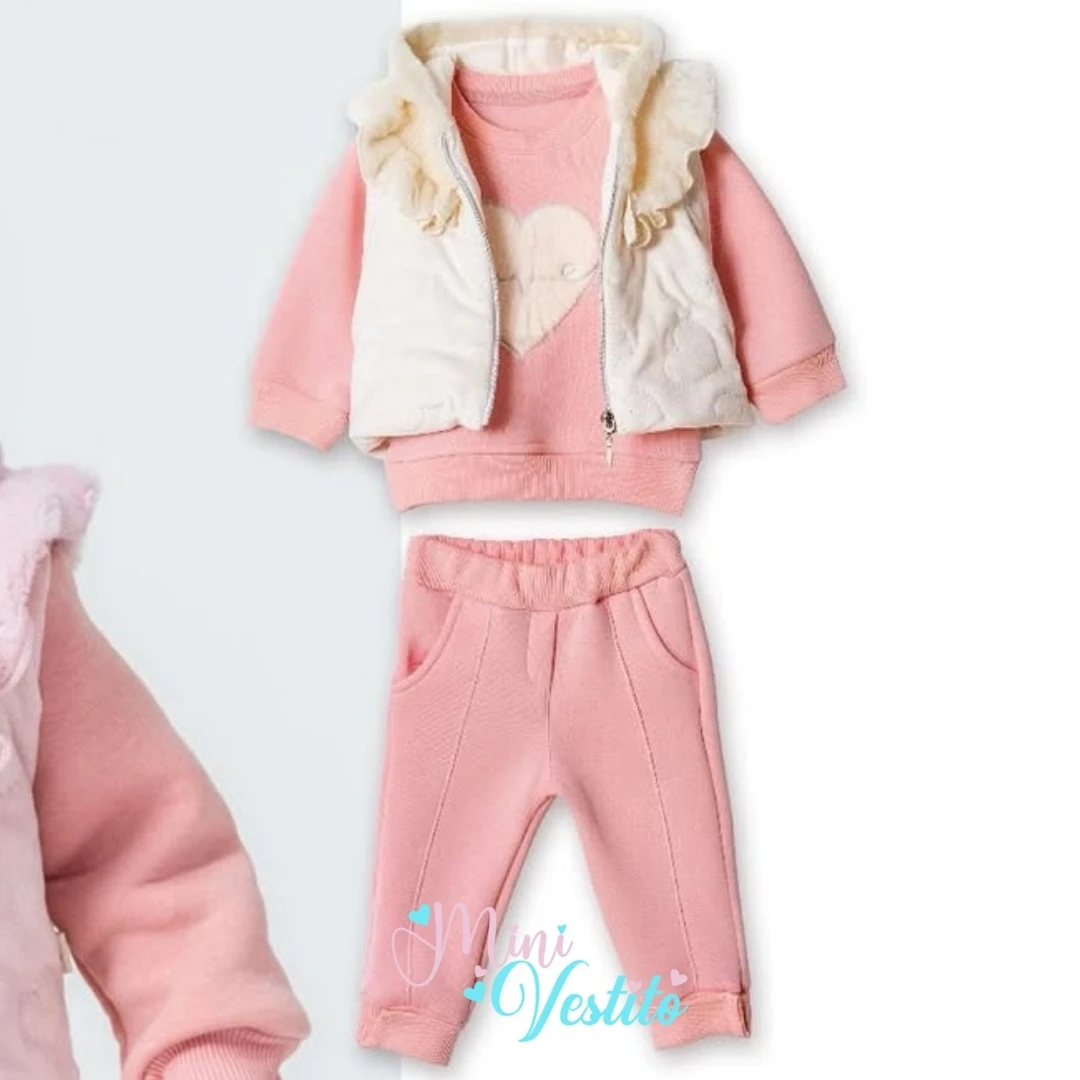 Love Kalp Desenli Peluş Montlu Kapuşonlu 3 Lü Takım