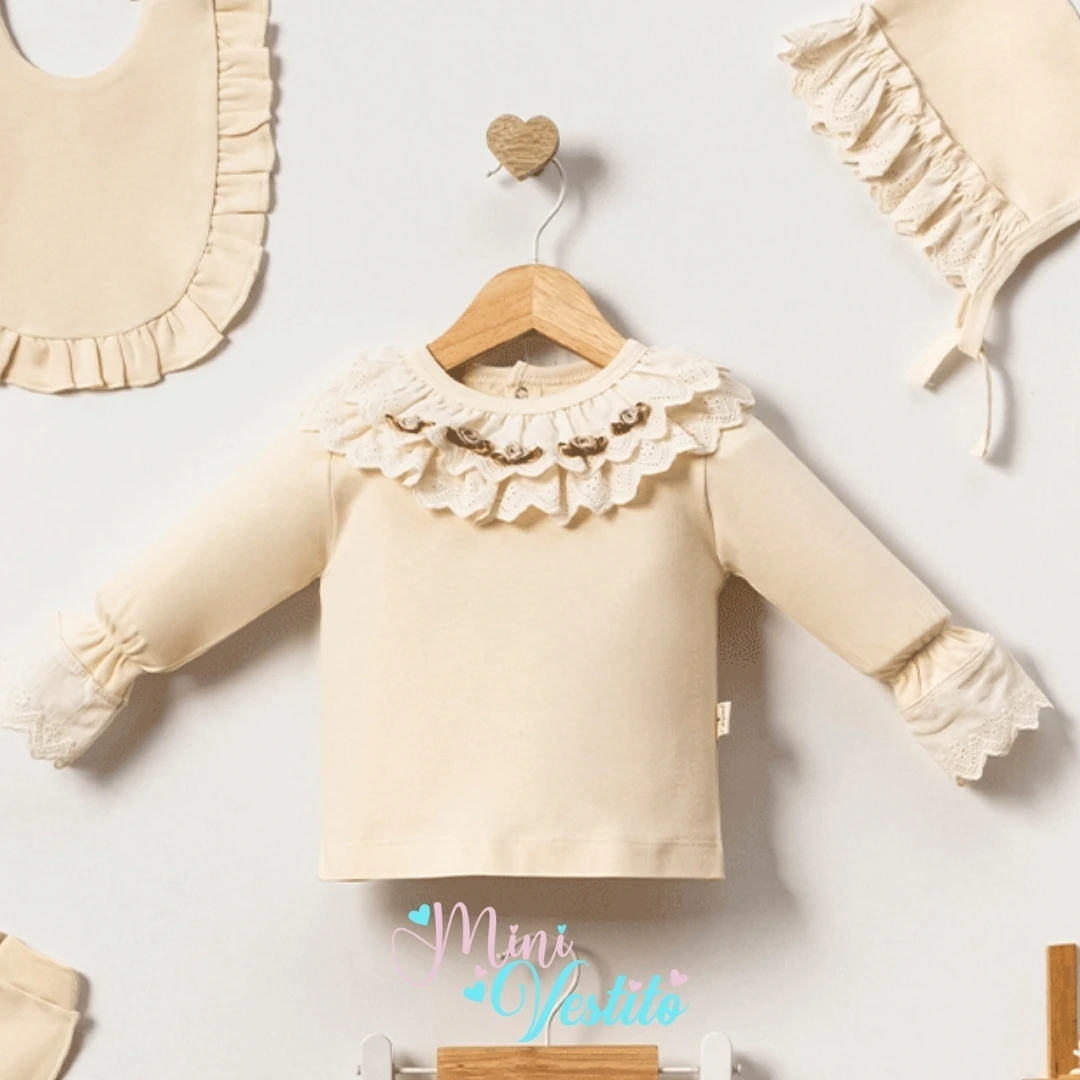 Yakası Güpürlü Güllü Natürel 7 Li Set