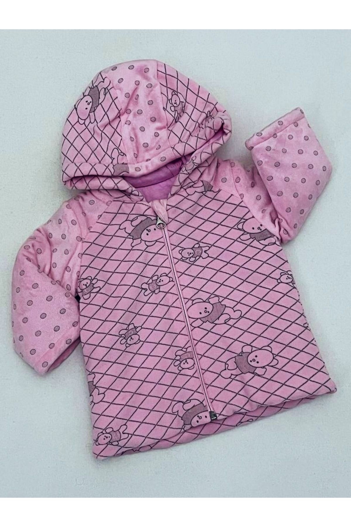 Sevimli Panda Desenli Kolları Puanlı Fermuarlı Kapuşonlu Mont Pembe