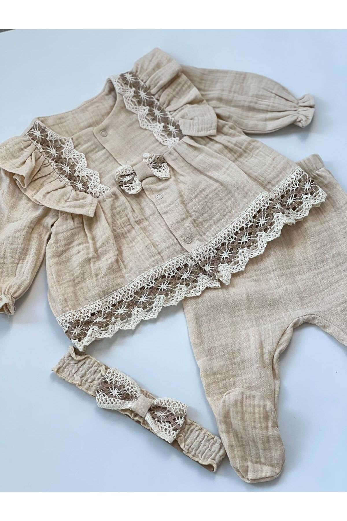 Mia Dantelli % 100 Pamuk Organik Muslin 3 Parça Uzun Kollu Hastane Çıkışı