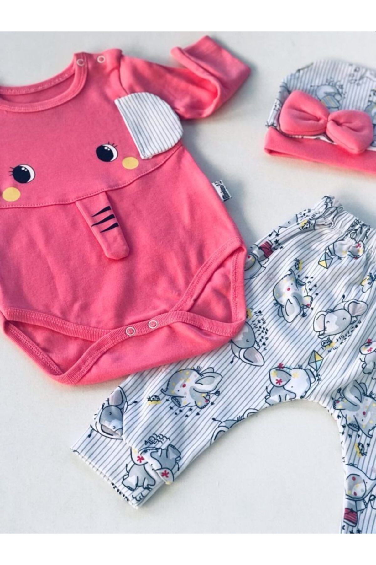 Elephant Desenli Şapkalı Set Pembe