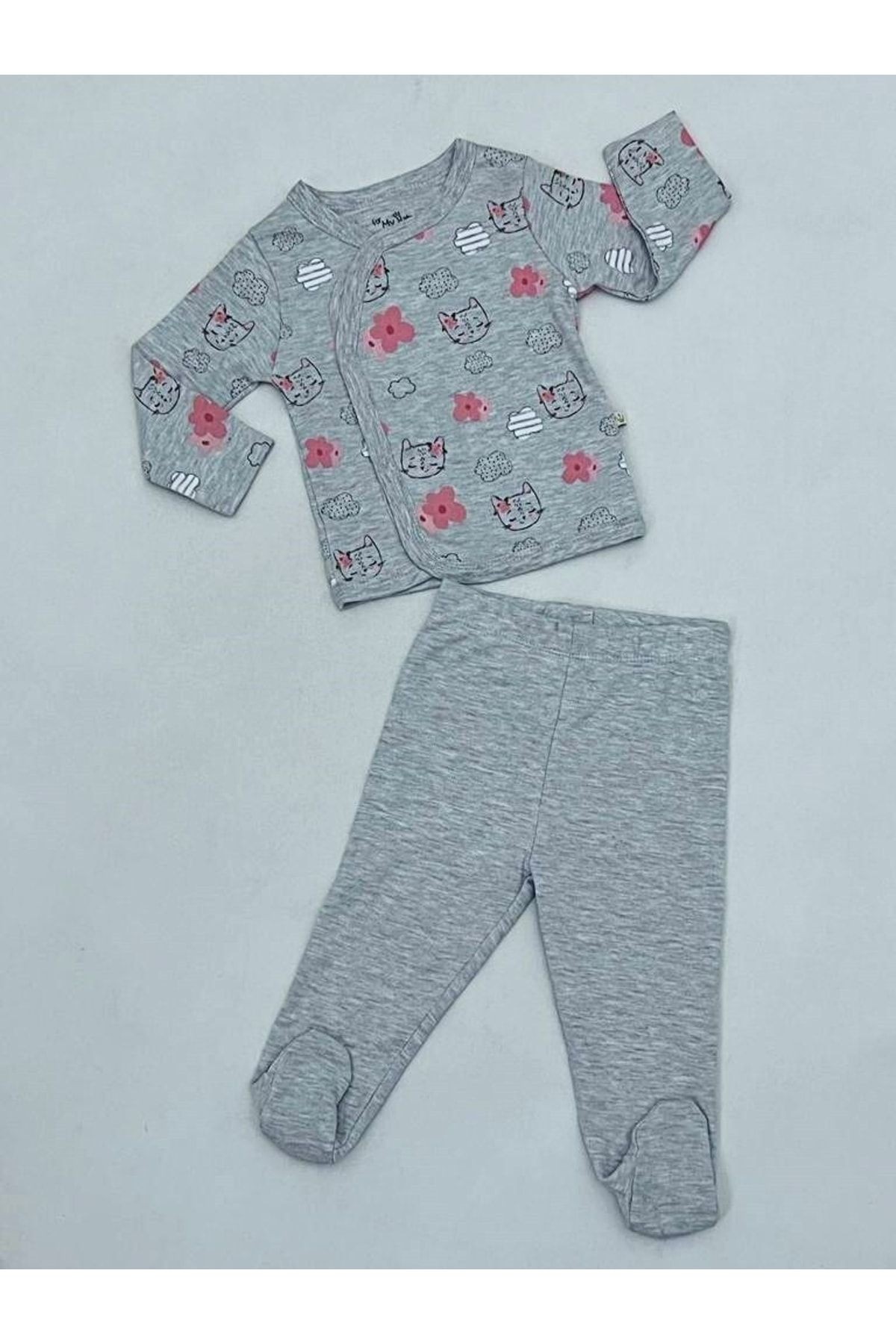 Bulut Desenli Kedili Çıtçıtlı Patikli Ikili Takım Gri Melanj