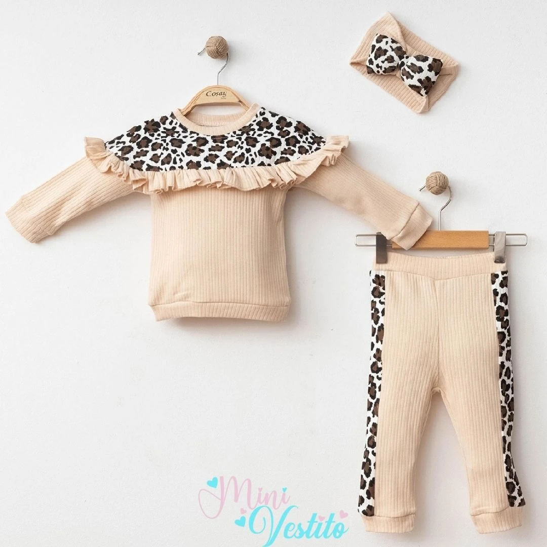 Leopar Desenli Fırıfır Yakalı Bandanalı Takım