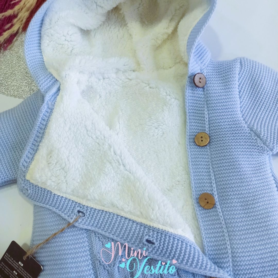 London İçi Peluşlu Kapuşonlu Yandan Düğmeli Triko Tulum