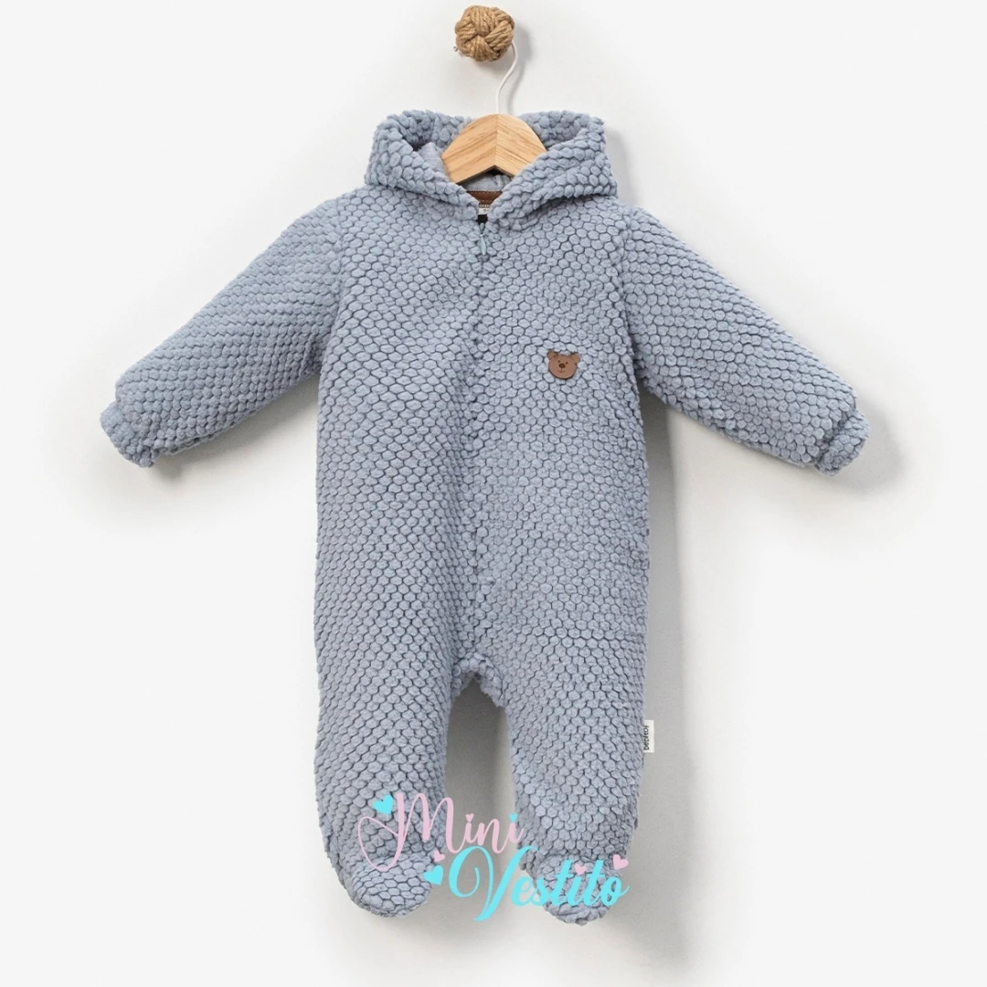 Balık Sırtı Desenli Kapüşonlu Fermuarlı Tulum