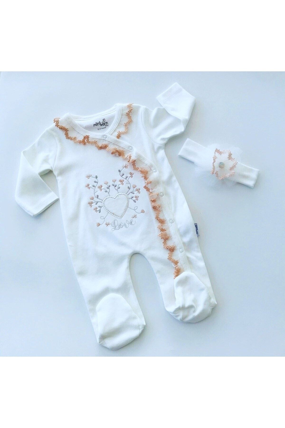 Mg Kids Kalp Nakışlı Dantelli Bandanalı Çıtçıtlı Tulum
