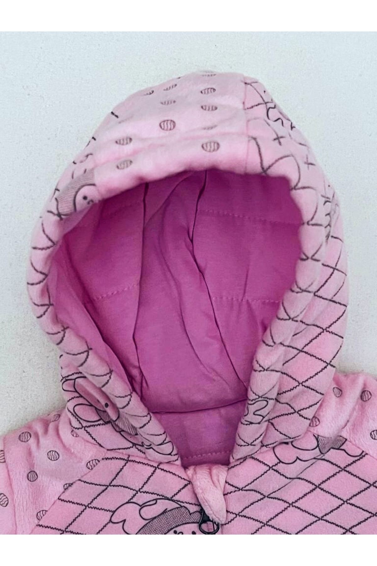 Sevimli Panda Desenli Kolları Puanlı Fermuarlı Kapuşonlu Mont Pembe