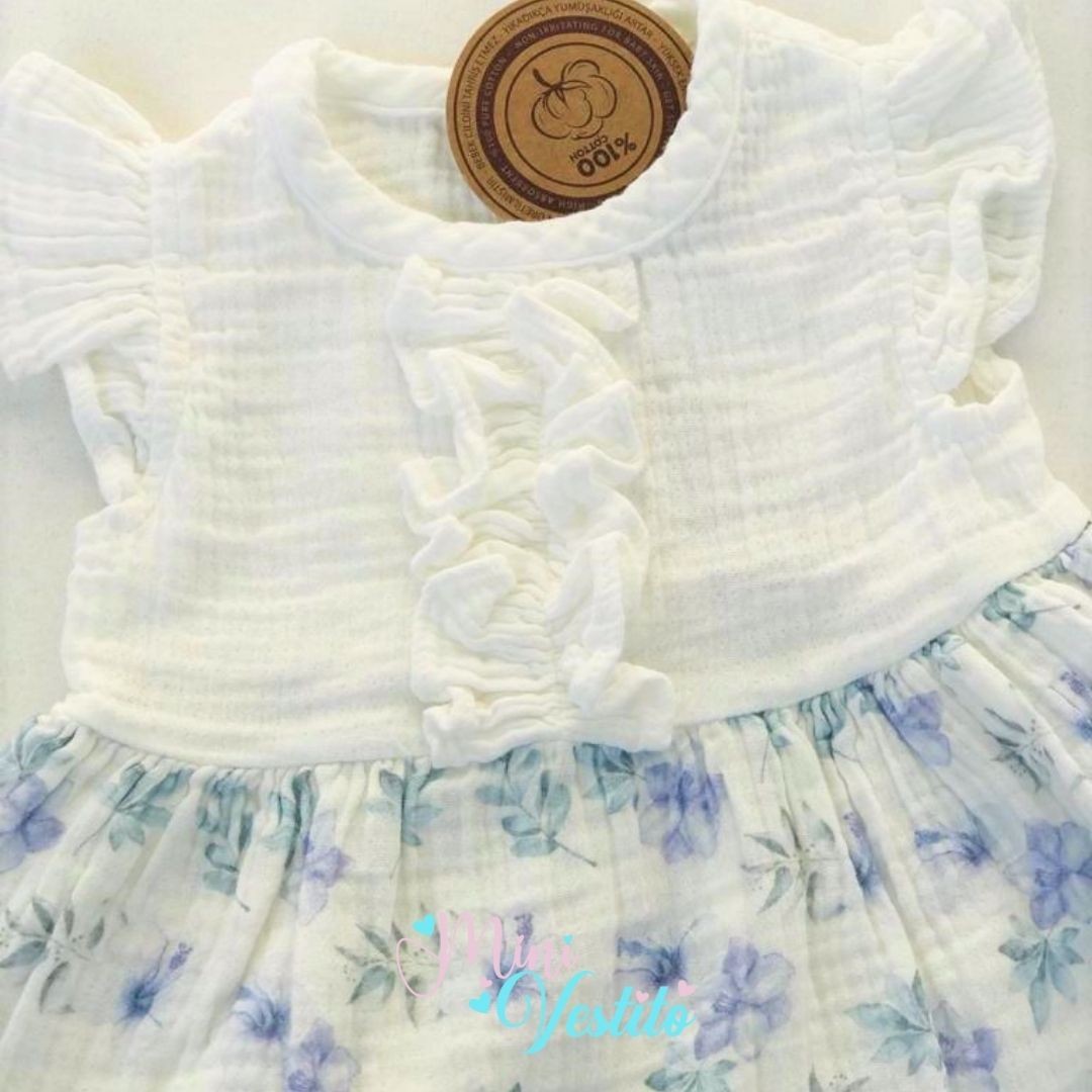 Organic Muslin Çiçek Desenli Fırfır Detaylı Külotlu Elbise