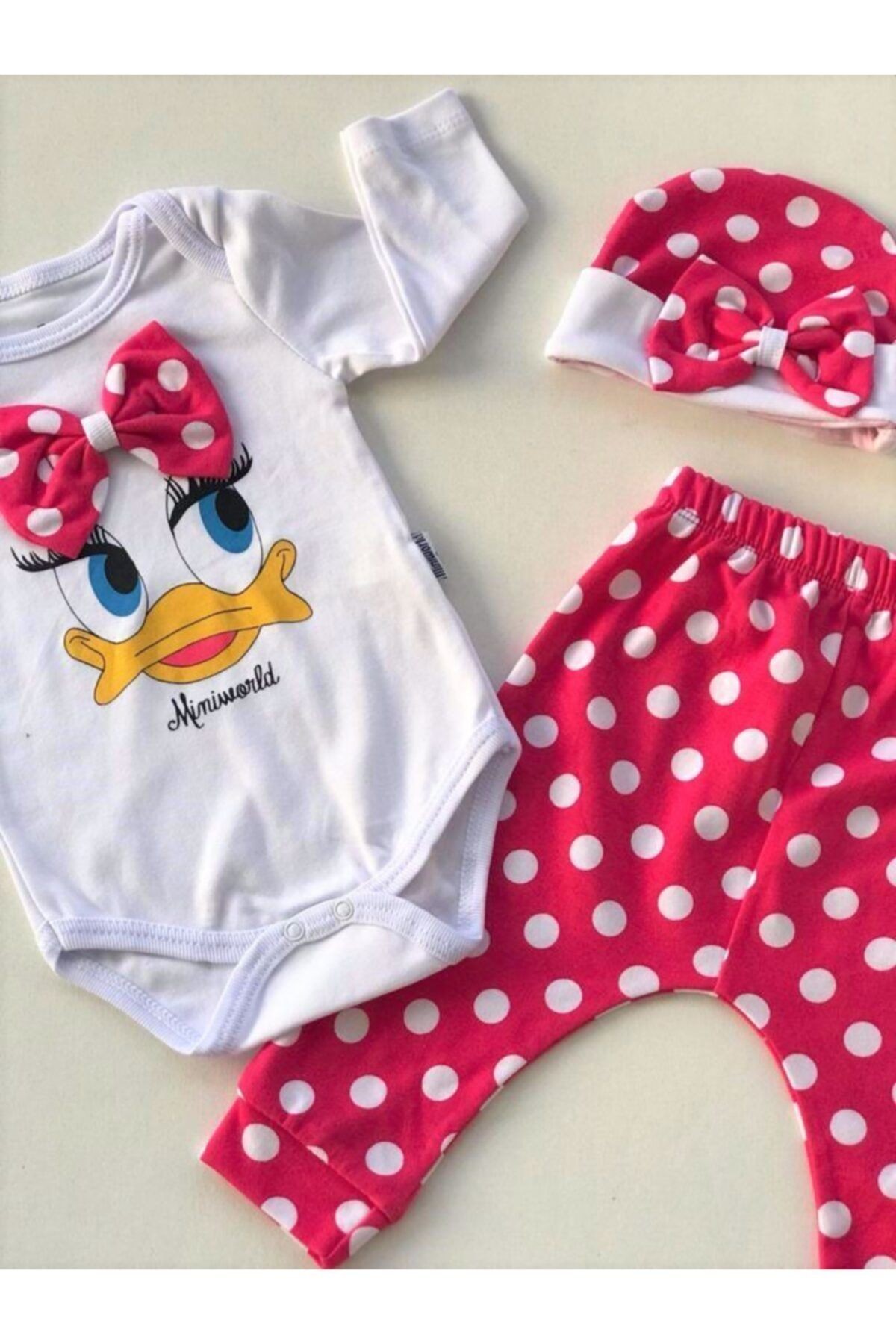 Kız Bebek Beyaz Duck Desenli Puanlı 3'lü Set