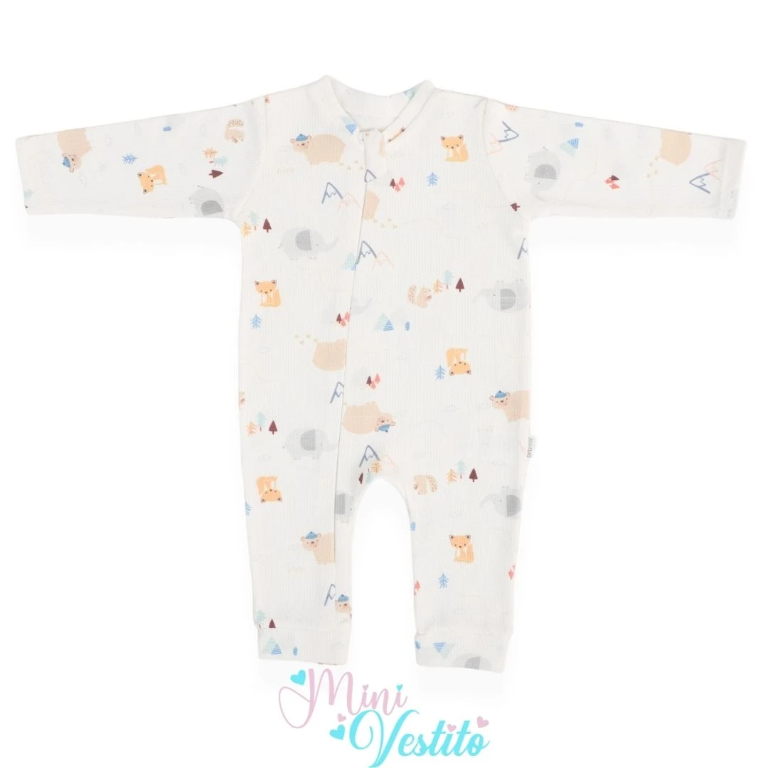 Ormanın Sevimli Dostları Desenli Şapkalı Fermuarlı Tulum