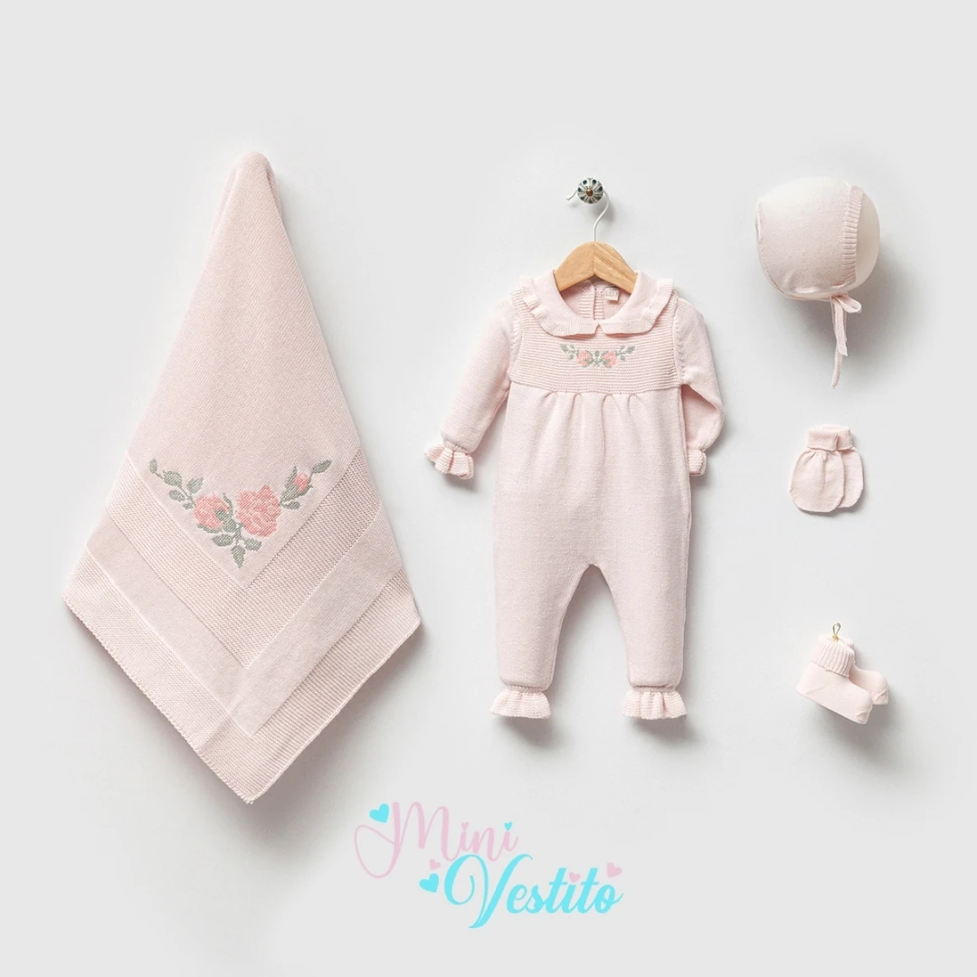 Kanaviçe Gül Desenli % 100 Organik Pamuk Triko 5 Li Set