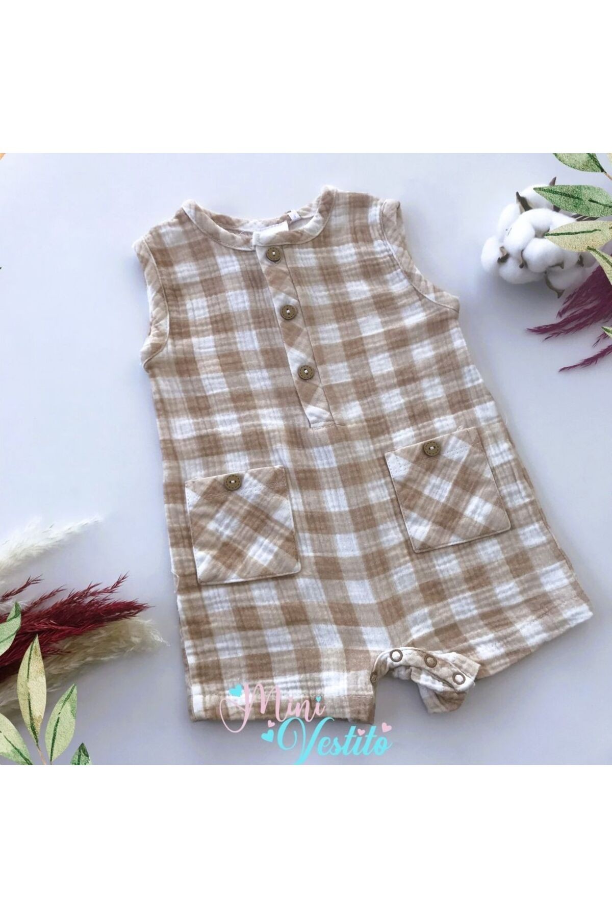Chester % 100 Organik Muslin Ekose Kare Desenli Barbatoz Tulum