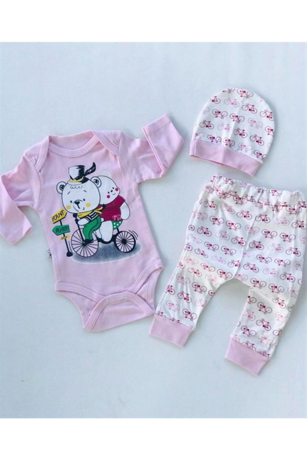 Kız Bebek Pembe Bisiklet Baskılı Şapkalı 3'lü Set