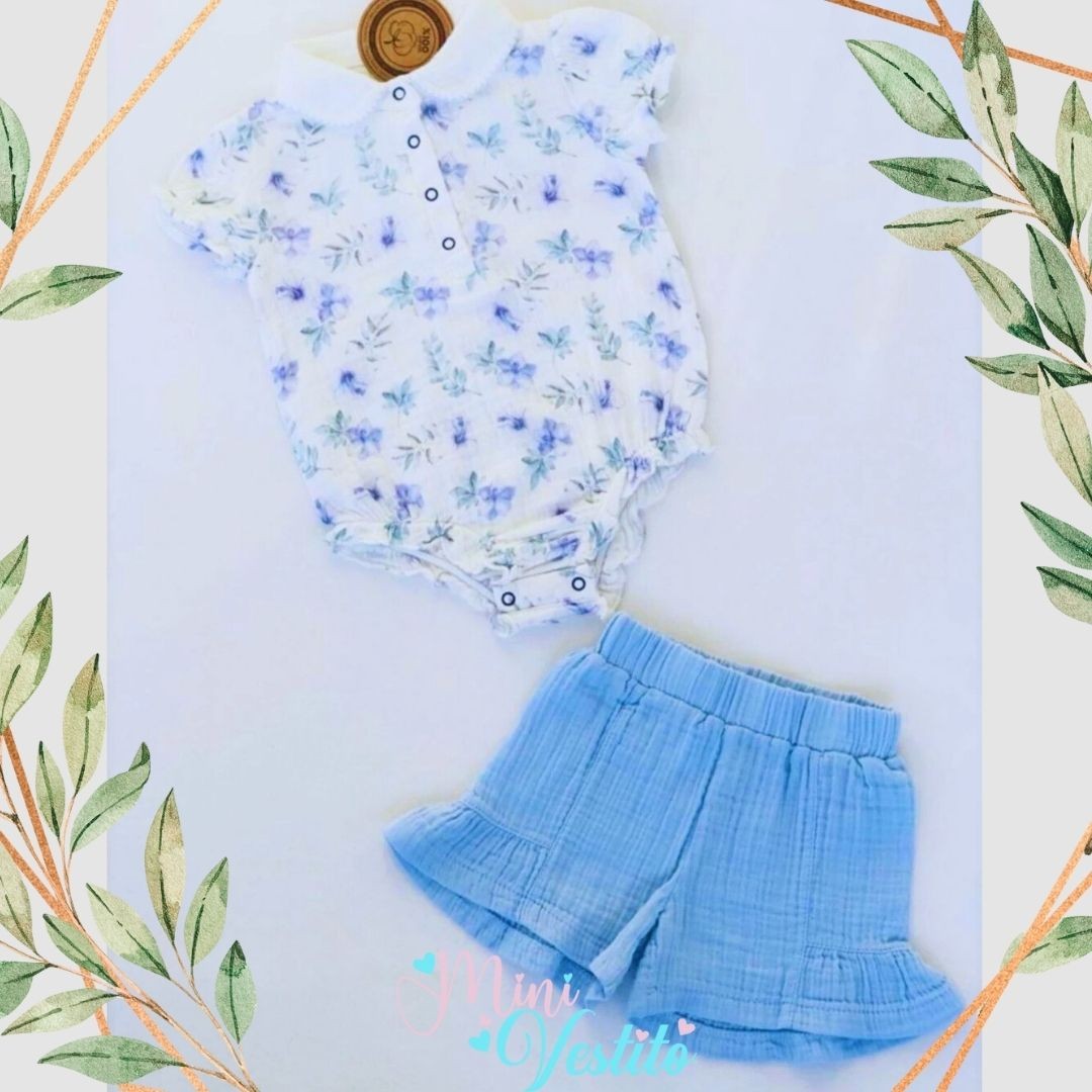 Çiçek Desenli Organic Muslin Etek Görünümlü Şort Çıtçıtlı Takım