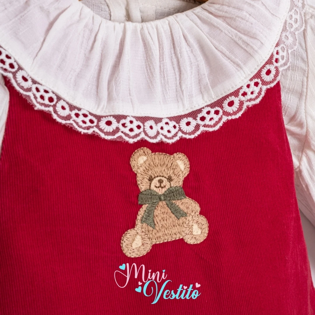 Sally Ayıcık Desenli İçi Gömlekli Tokalı Elbise