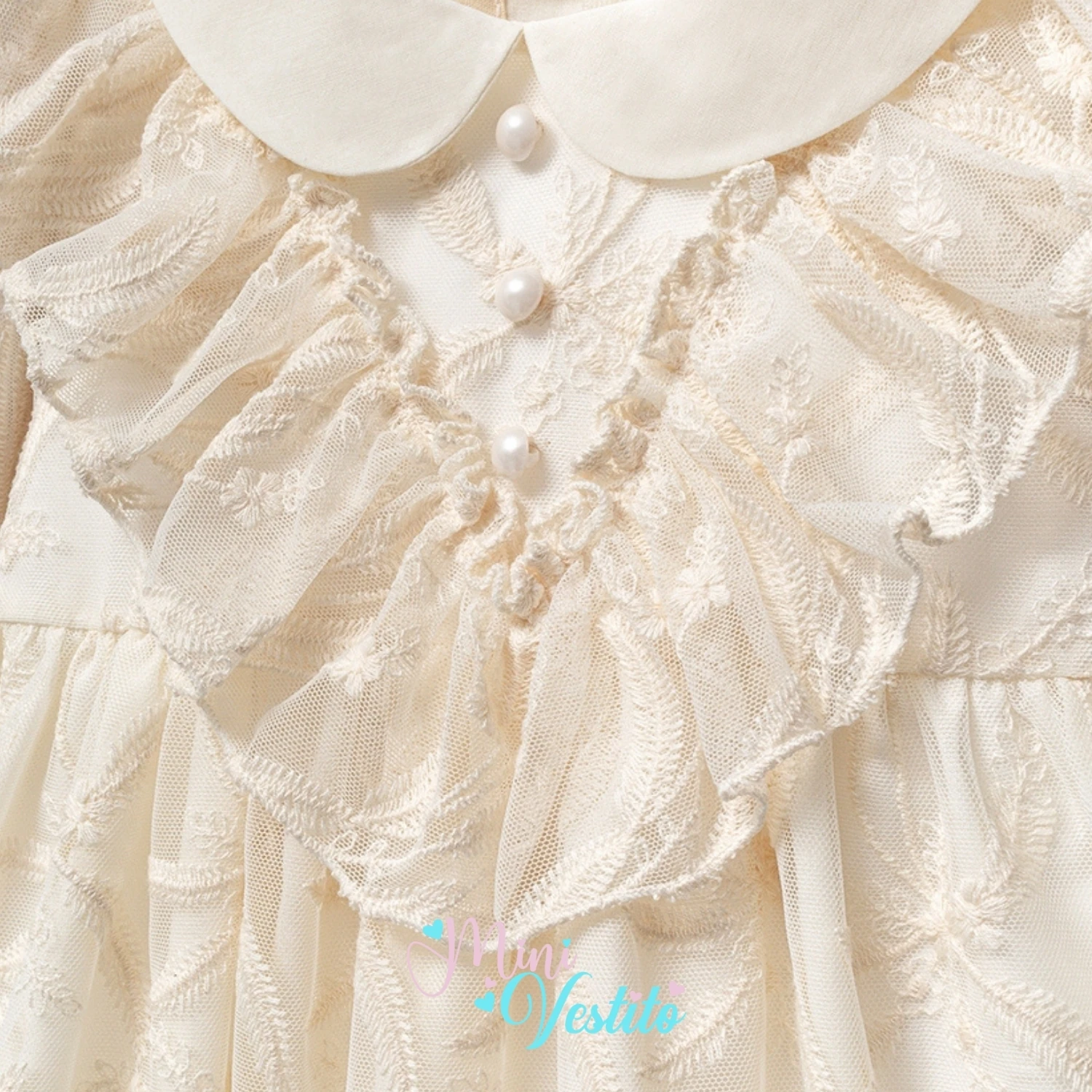 Fırfırlı V Yaka Dantelli İnci Düğmeli Uzun Kollu Astarlı Elbise