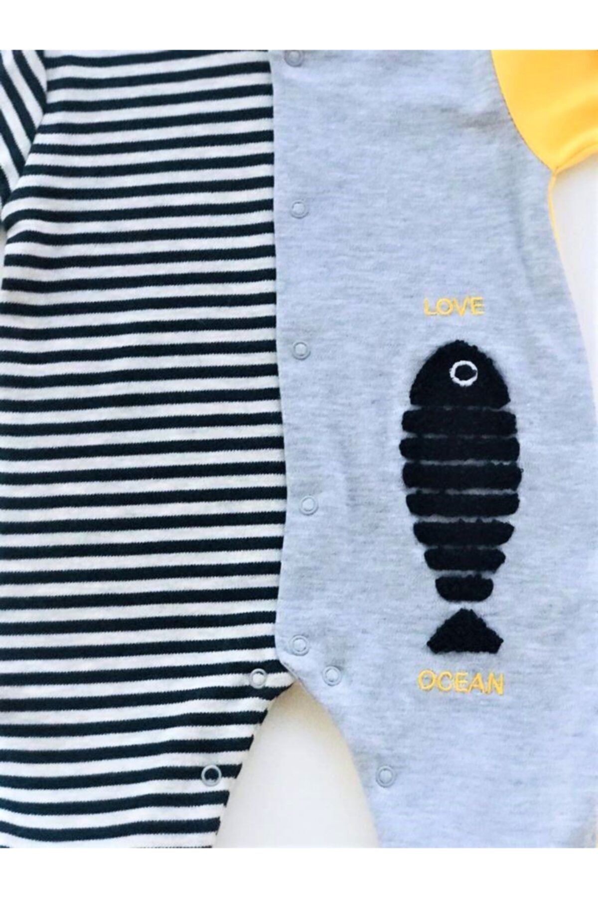 Bebek Sarı Baby Boss Balık Desenli Önden Çıtçıtlı Tulum