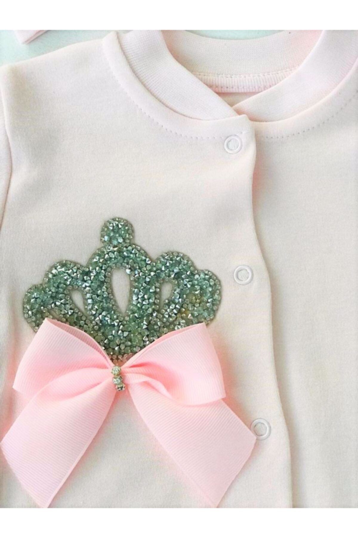 Baby Boss Taşlı Taç Desenli Penye Eldivenli Tulum Pembe