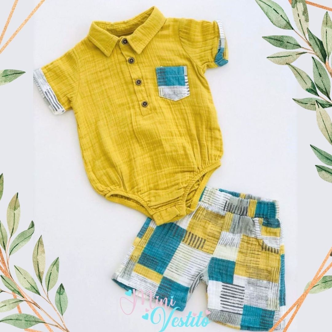 Benedict % 100 Organik Muslin Alttan Çıtçıtlı Gömlek Yakalı Şortlu Takım
