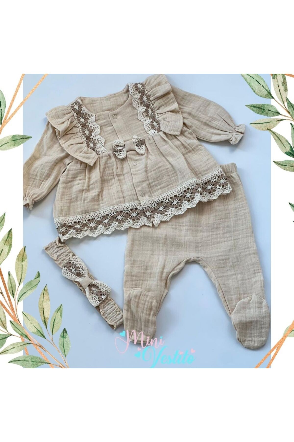 Mia Dantelli % 100 Pamuk Organik Muslin 3 Parça Uzun Kollu Hastane Çıkışı