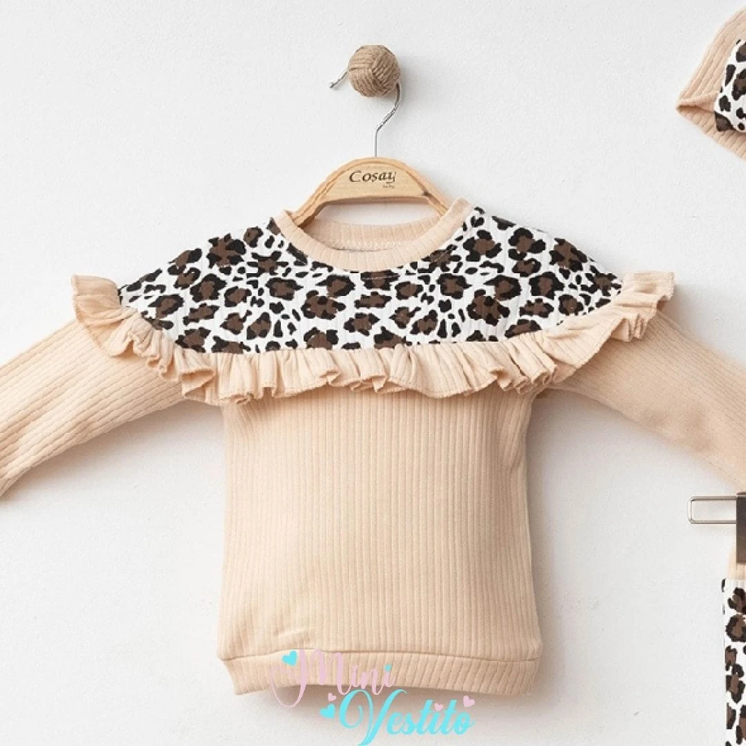 Leopar Desenli Fırıfır Yakalı Bandanalı Takım