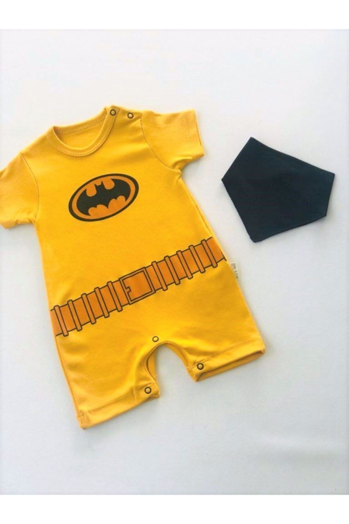 Baby Boss Batman Desenli Ağız Mendilli Kısa Kollu Tulum Gri