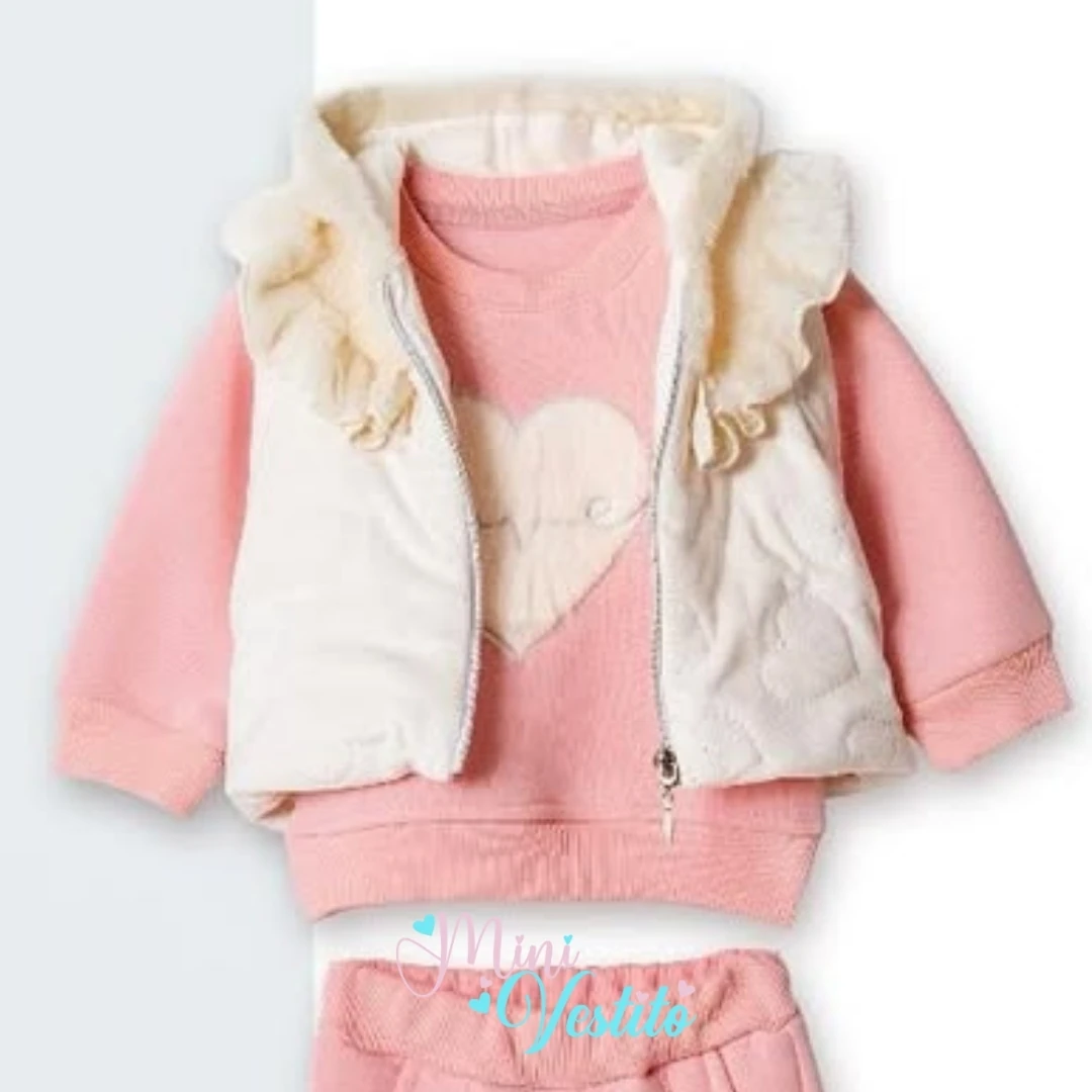 Love Kalp Desenli Peluş Montlu Kapuşonlu 3 Lü Takım