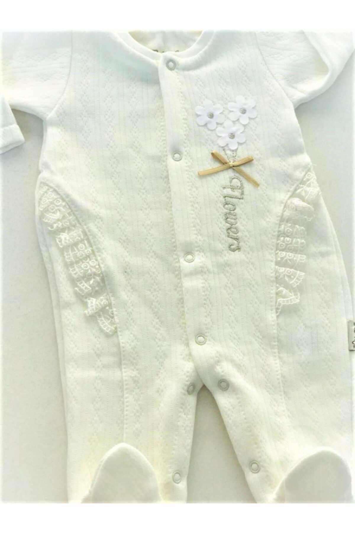Baby Boss Flowers Nakışlı Fistolu Kapitone Tulum Ekru