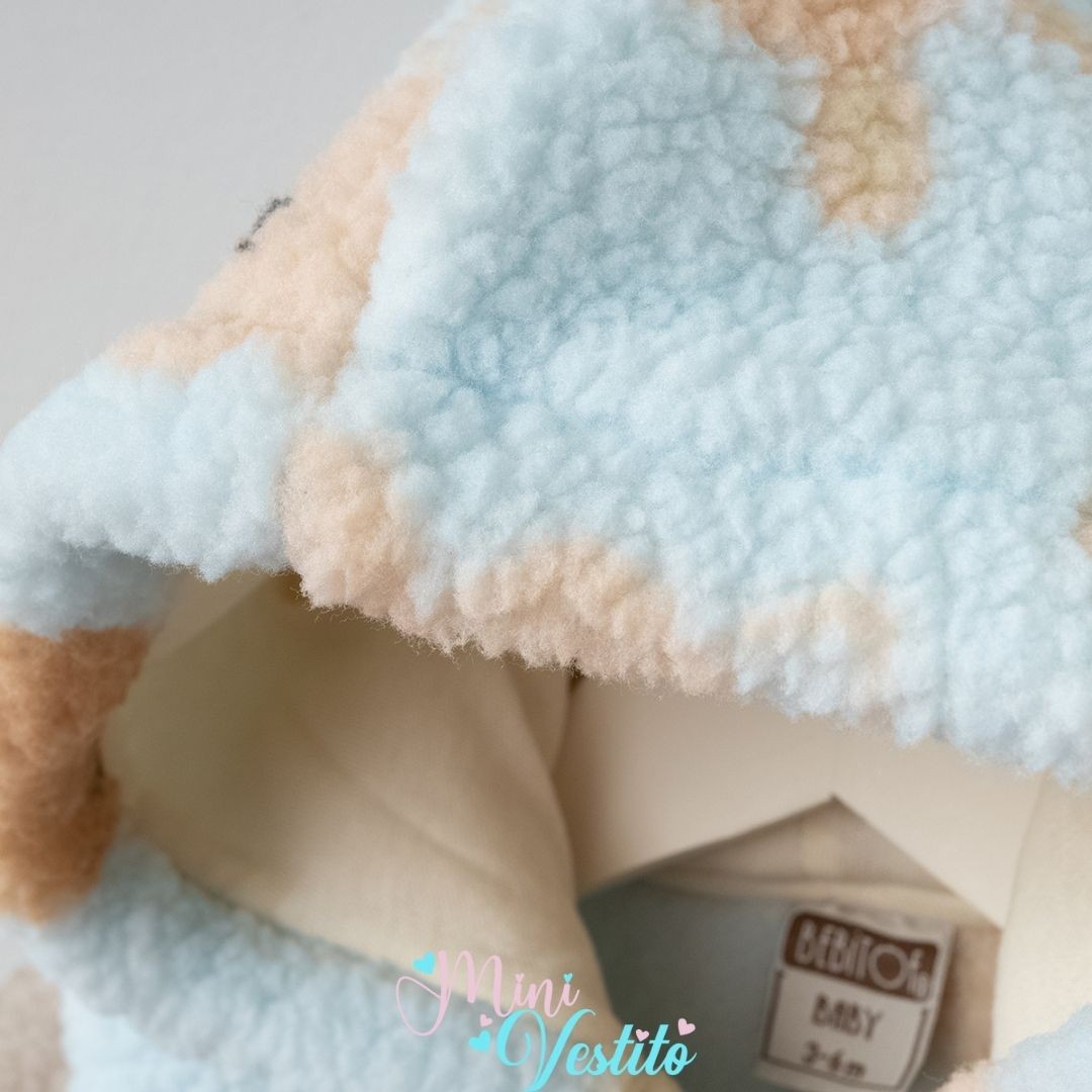 Tavşan Desenli Fermuarlı Kapuşonlu Peluş Tulum