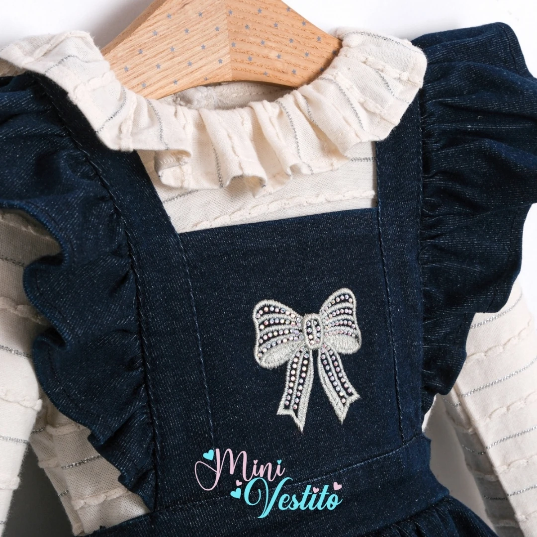 Taşlı Fiyonk Desenli Denim Romper