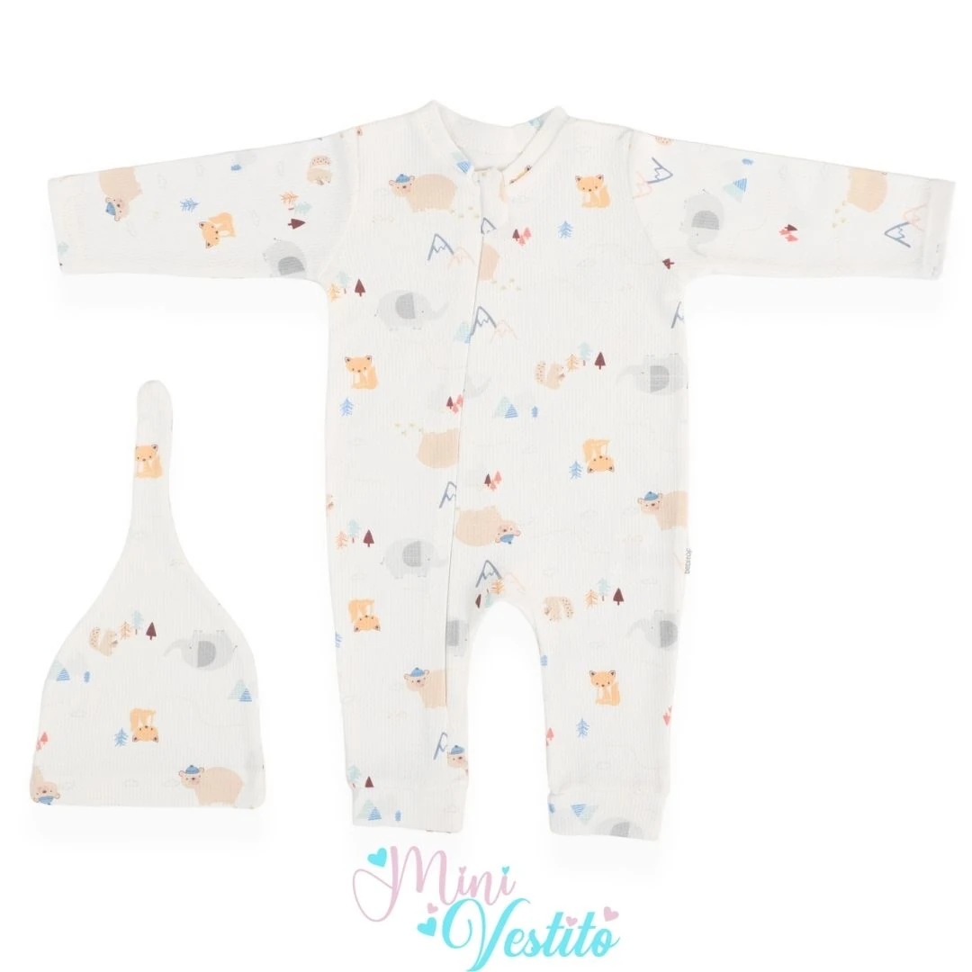 Ormanın Sevimli Dostları Desenli Şapkalı Fermuarlı Tulum