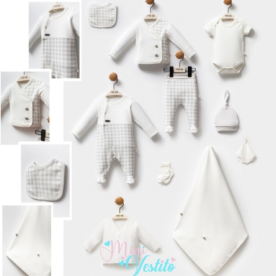 🌿 “Doğal Zarafet” 10 Parça Unisex Hastane Çıkışı Takımı – Ekru & Gri Ekose