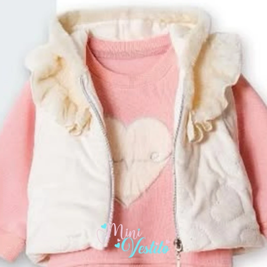 Love Kalp Desenli Peluş Montlu Kapuşonlu 3 Lü Takım