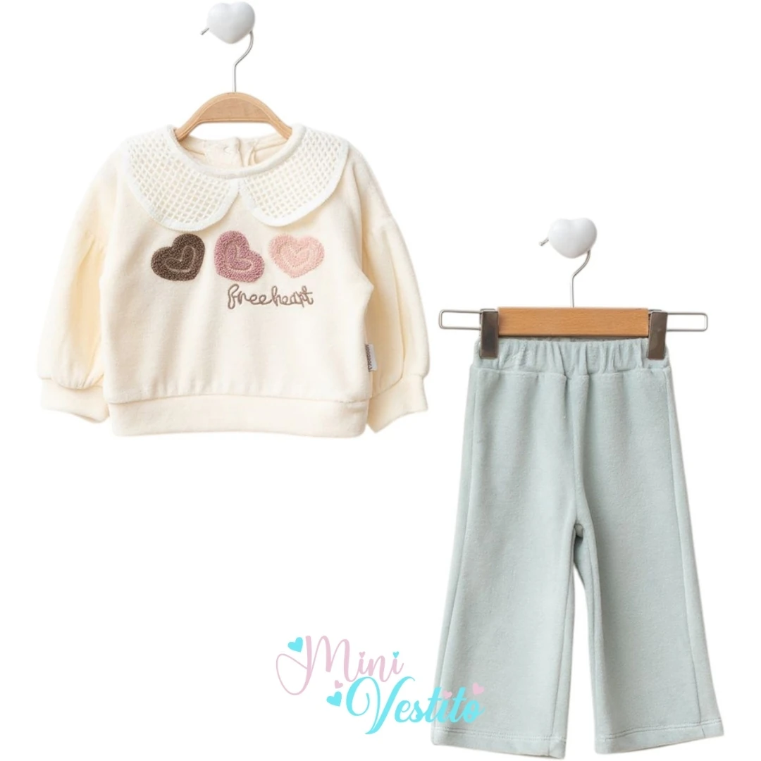 Kabartma Kalp Desenli Bebe Yakalı Kadife Takım