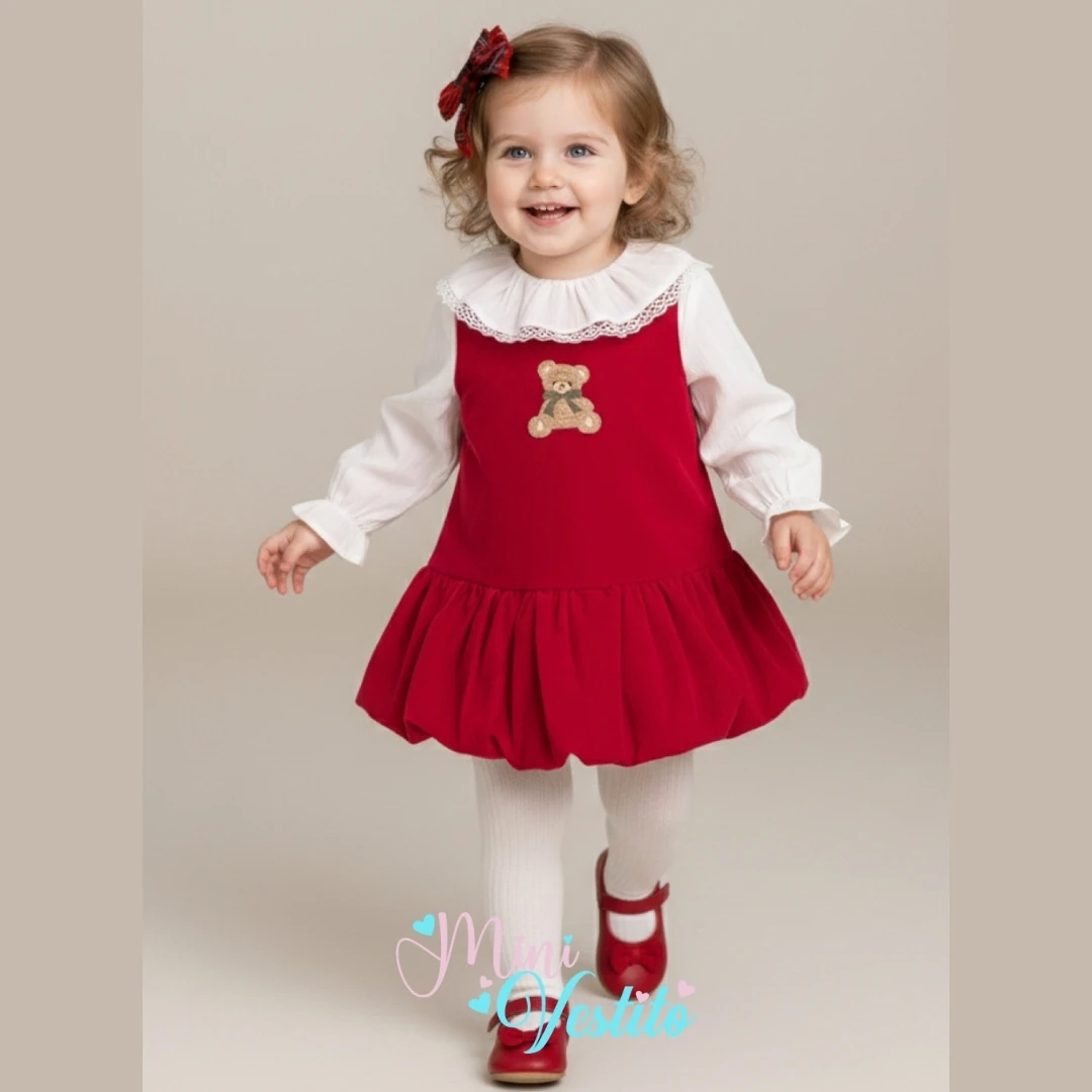 Sally Ayıcık Desenli İçi Gömlekli Tokalı Elbise