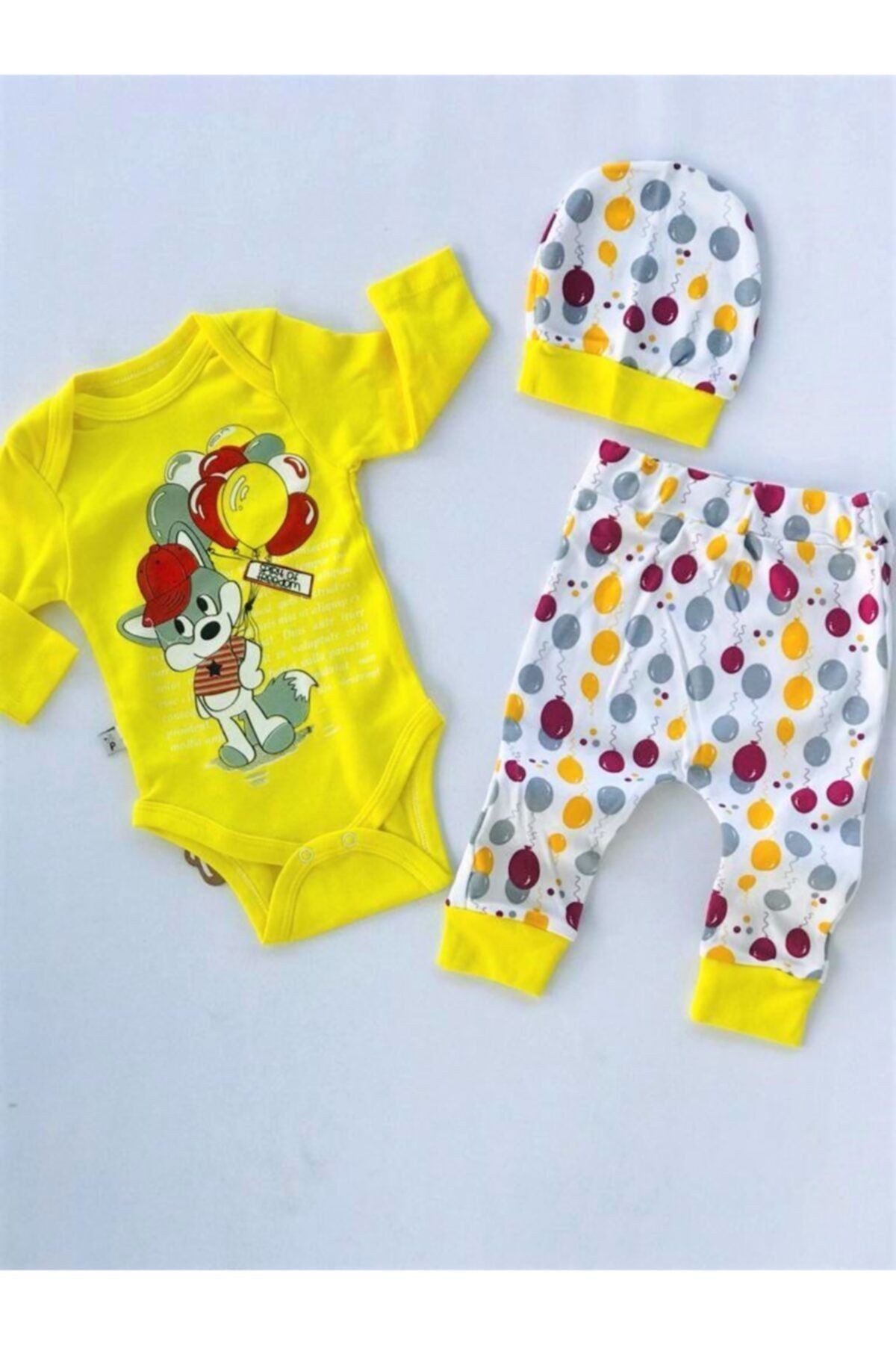 Unisex Bebek Sarı Renkli Balon Desenli Şapkalı Set 3'lü