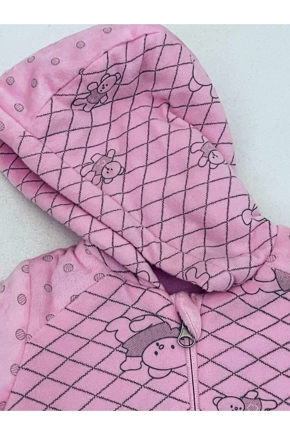 Sevimli Panda Desenli Kolları Puanlı Fermuarlı Kapuşonlu Mont Pembe