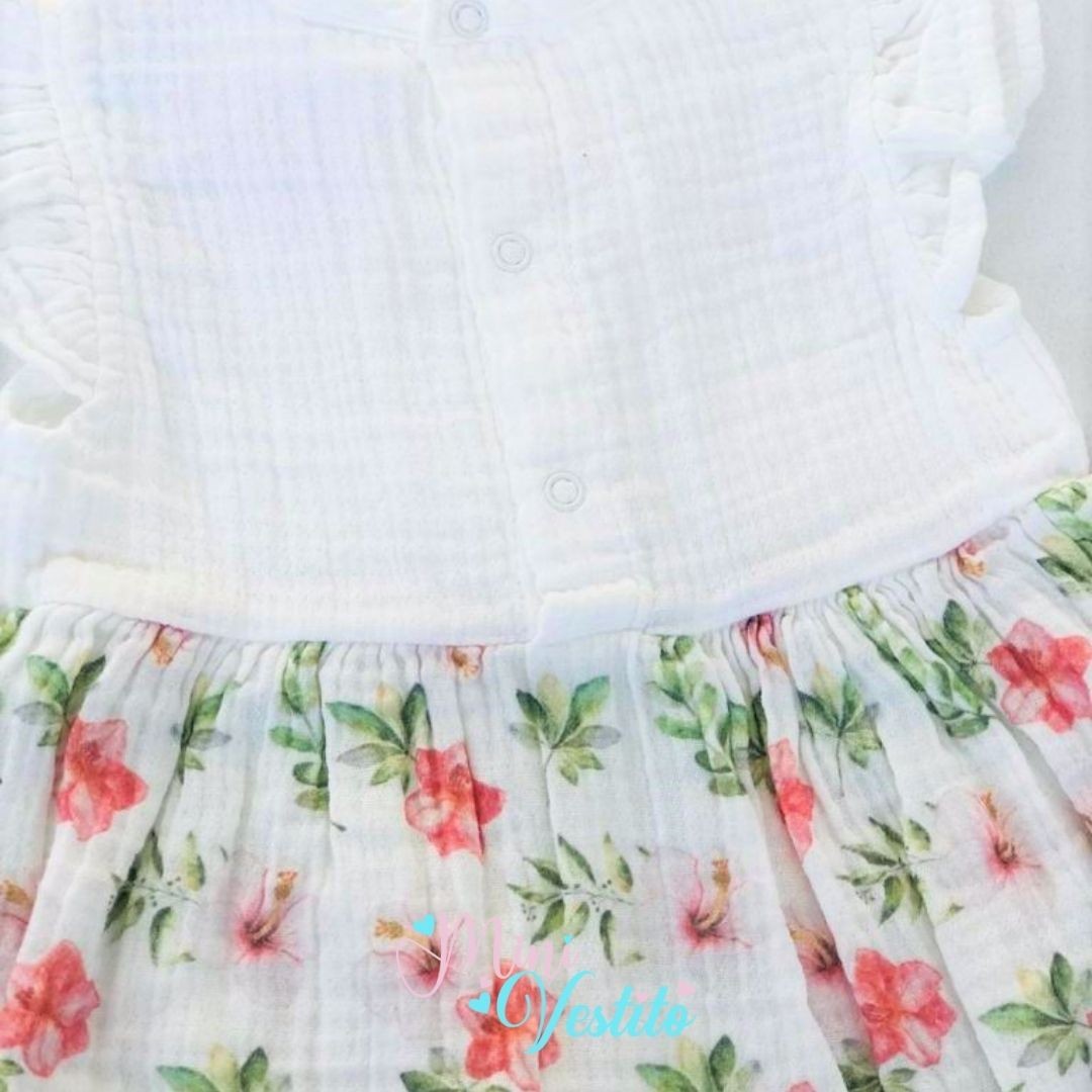 Organic Muslin Çiçek Desenli Fırfır Detaylı Külotlu Elbise